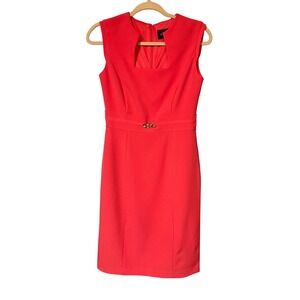 Chelsea Rose Women's Coral Sleeveless Square Neck Sheath Dress Gold Decor Size 2